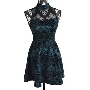 Women's Green/Black Whimsygoth Damask Style Dress - XS